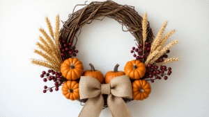 Cinematic close-up of a 24-inch grapevine autumn wreath with burlap bow, mini pumpkins, wheat sprigs, and berry clusters on a white background, featuring warm golden hour lighting and a shallow depth of field.