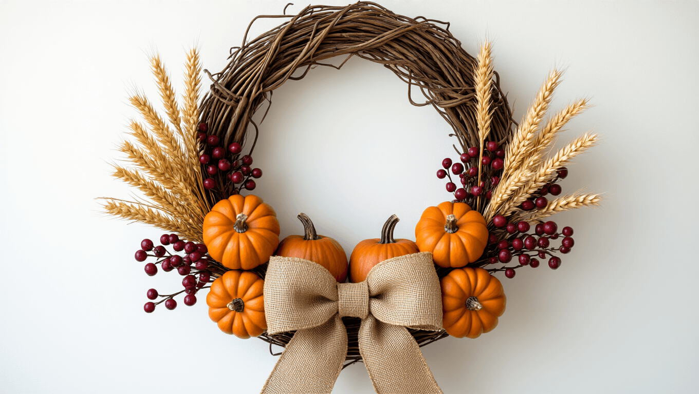 Cinematic close-up of a 24-inch grapevine autumn wreath with burlap bow, mini pumpkins, wheat sprigs, and berry clusters on a white background, featuring warm golden hour lighting and a shallow depth of field.