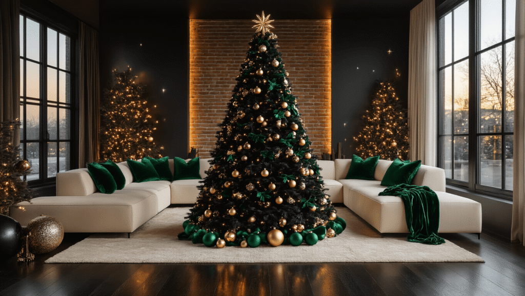 Cinematic wide shot of a sophisticated black Christmas tree in a modern living room, decorated with emerald green velvet ribbons and champagne gold ornaments, surrounded by a plush cream sectional and illuminated by warm amber lighting.