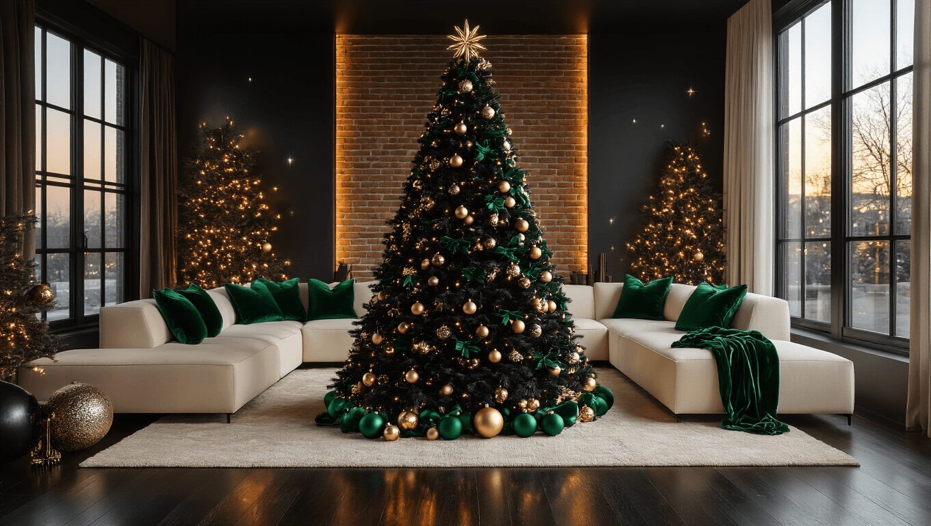 Cinematic wide shot of a sophisticated black Christmas tree in a modern living room, decorated with emerald green velvet ribbons and champagne gold ornaments, surrounded by a plush cream sectional and illuminated by warm amber lighting.