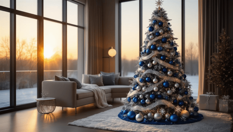 Cinematic wide shot of a modern living room featuring a 7-foot blue and silver Christmas tree, illuminated by warm amber light, with glossy ornaments and cozy neutral furnishings.