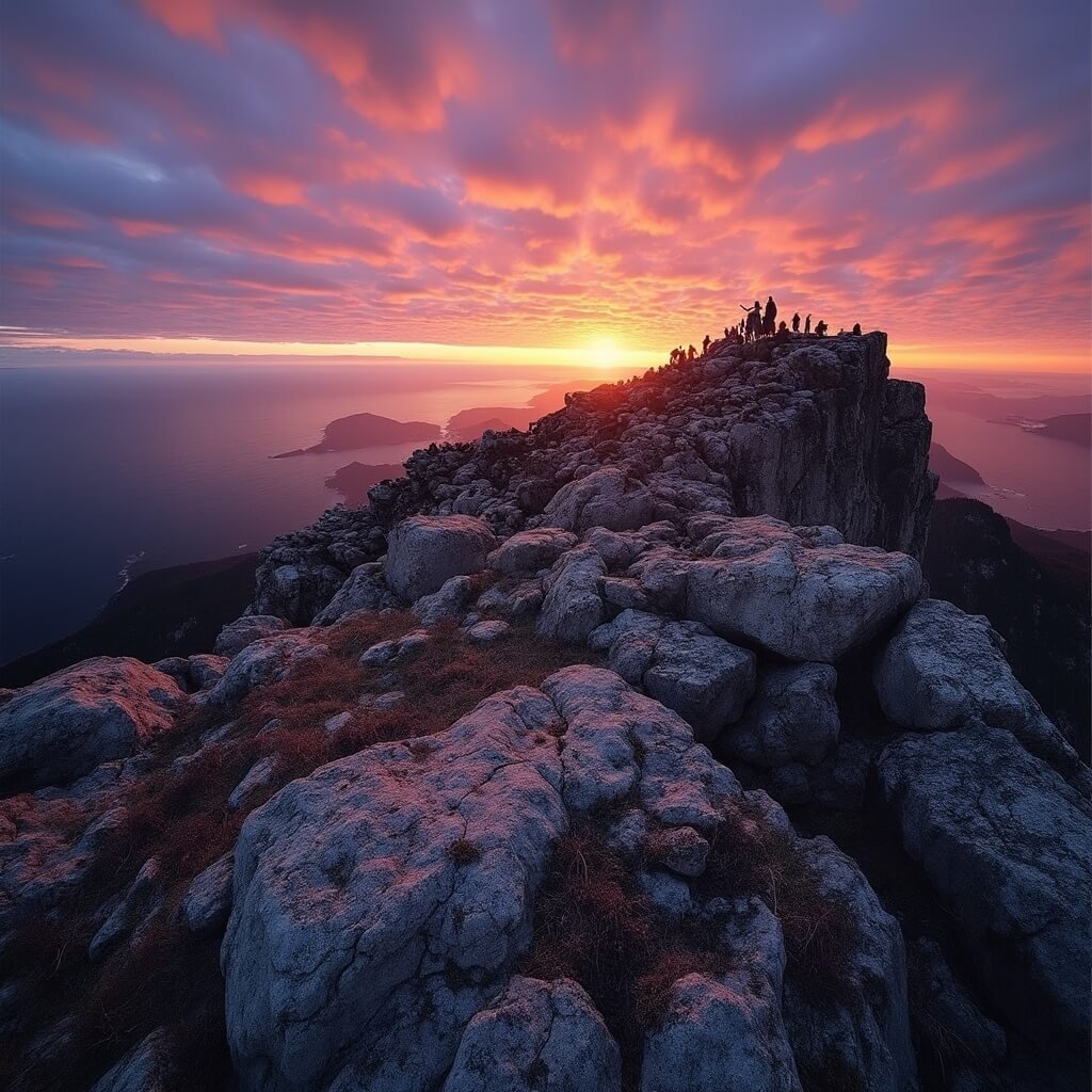 Sunrise at Cadillac Mountain summit with viewers in winter gear overlooking Atlantic Ocean, with dramatic sky colors and Mount Desert Island coastline visible