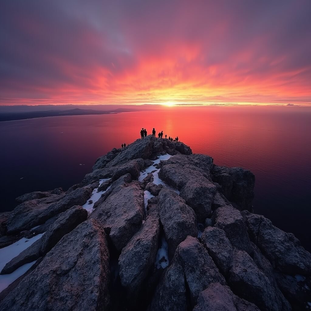Cadillac Mountain summit at dawn, with spectators in winter gear viewing America's first sunrise over the Atlantic Ocean, taken with Canon 5D Mark IV, 16-35mm lens