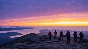 "Early risers bundled up on Cadillac Mountain summit in Acadia National Park, Maine, awaiting pre-dawn sunrise over the Atlantic Ocean"