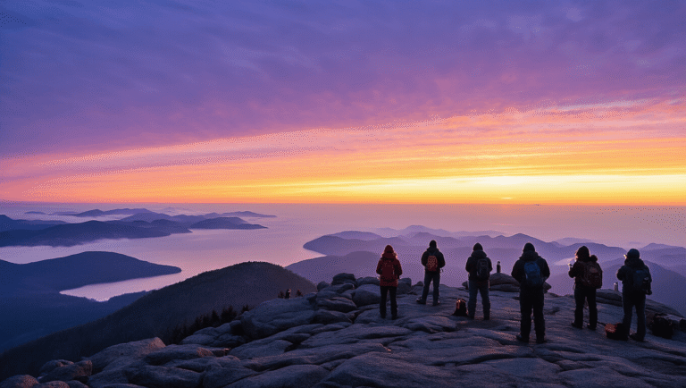 "Early risers bundled up on Cadillac Mountain summit in Acadia National Park, Maine, awaiting pre-dawn sunrise over the Atlantic Ocean"