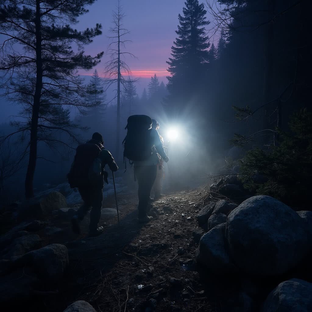 Hikers ascending Cadillac North Ridge Trail in pre-dawn darkness with headlamps lighting the rocky, forested terrain in winter, captured on a Sony A7R IV.