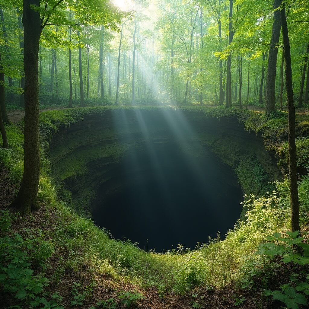 Cedar Sink Trail at Mammoth Cave National Park featuring a 60-foot-deep sinkhole, vibrant vegetation, a winding hiking trail, blooming spring wildflowers, and misty atmospheric conditions highlighting the connection between the underground caves and wilderness above
