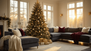 Cinematic wide shot of a luxurious living room featuring a 7-foot Fraser fir Christmas tree adorned with gold and white ornaments, surrounded by a plush charcoal sectional sofa, amber sunlight streaming through windows, and rich hardwood floors, creating a cozy, festive atmosphere.