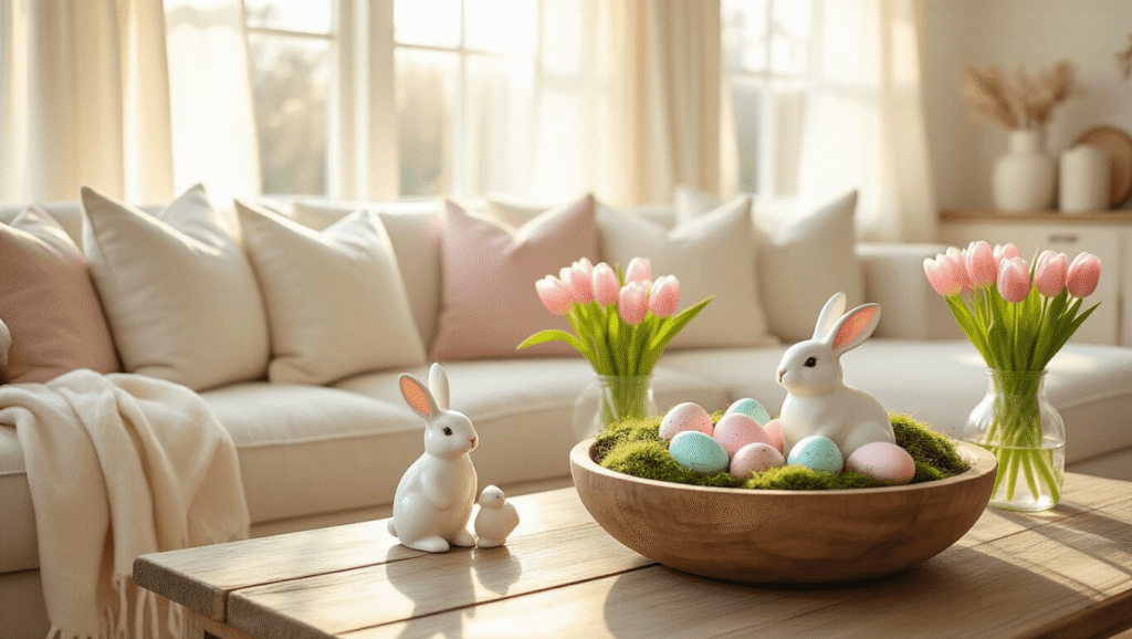 Cinematic shot of a cozy farmhouse living room with pastel Easter decor, featuring a reclaimed wood coffee table with moss and speckled eggs, white ceramic bunnies, and fresh pink tulips, all bathed in warm golden hour light.