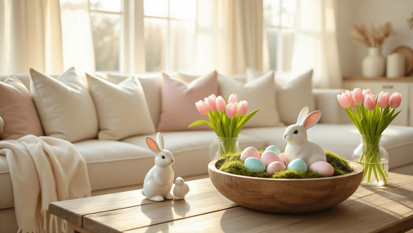 Cinematic shot of a cozy farmhouse living room with pastel Easter decor, featuring a reclaimed wood coffee table with moss and speckled eggs, white ceramic bunnies, and fresh pink tulips, all bathed in warm golden hour light.