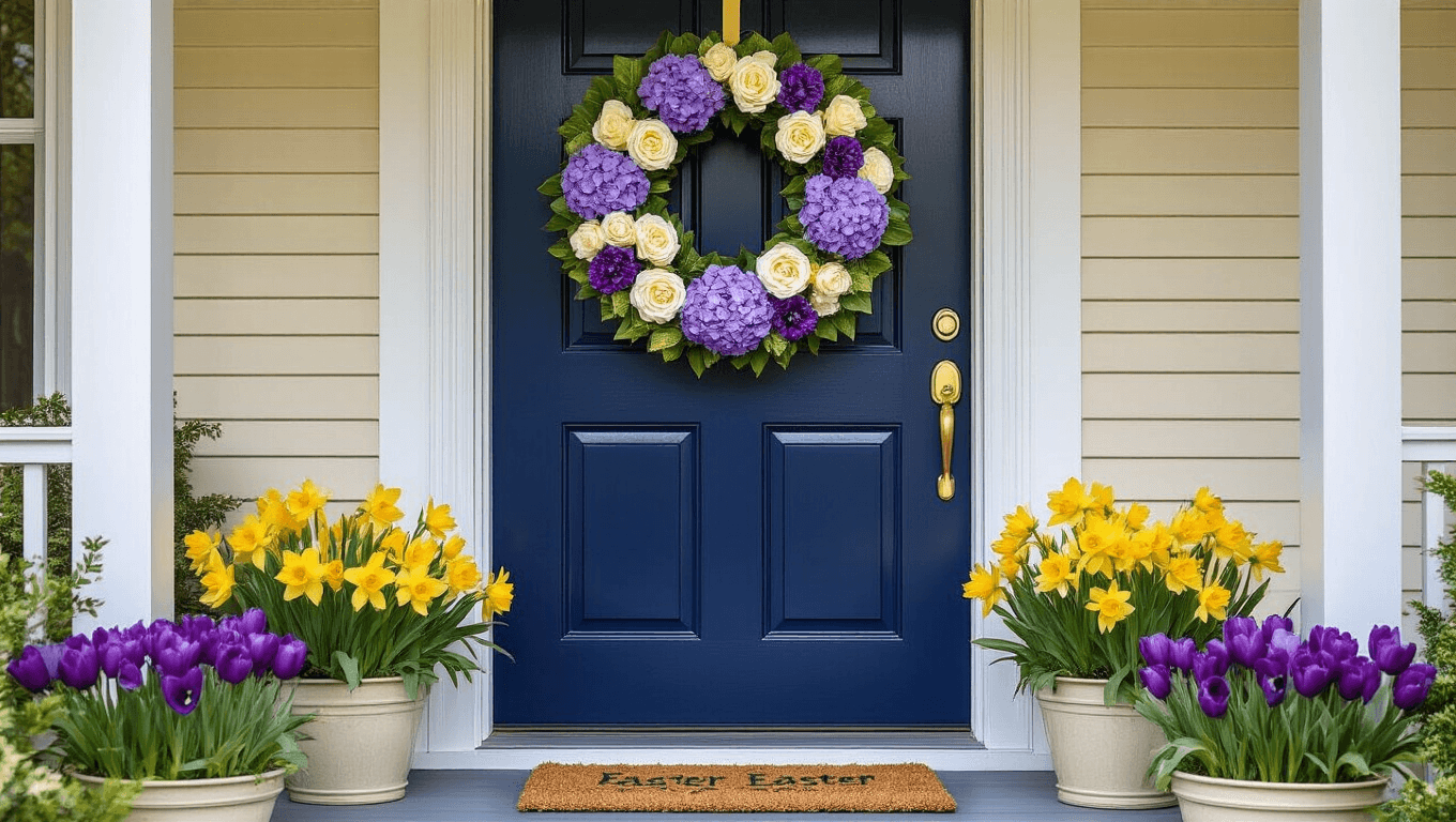 A glossy navy blue door with an elegant Easter wreath of lavender hydrangeas, cream roses, and purple tulips, surrounded by bright yellow daffodils and purple pansies in planters, with warm morning light illuminating the scene.