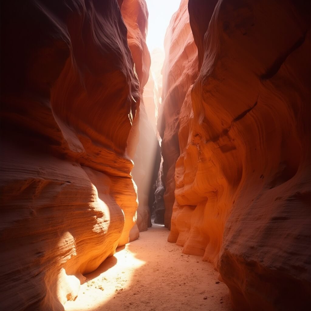 Golden hour image of the narrow, red-orange sandstone corridors in Dry Fork Narrows of Grand Staircase-Escalante National Monument in Utah, illuminated by dramatic light beams