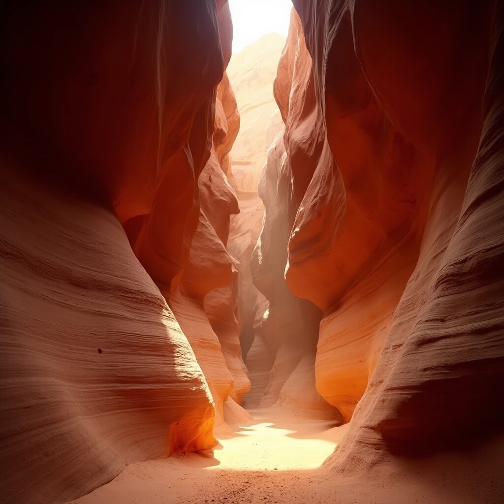 Dramatic photograph of Grand Staircase-Escalante National Monument's Dry Fork Narrows slot canyon during golden hour, showcasing towering red-orange sandstone walls, sunlight filtering through the opening, and erosion patterns on rock surfaces.