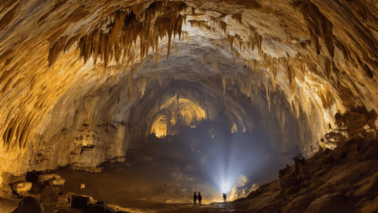 "Visitors with headlamps exploring the vast, cathedral-like Rainbow Dome chamber in Mammoth Cave, Kentucky, illuminated by warm lantern light"