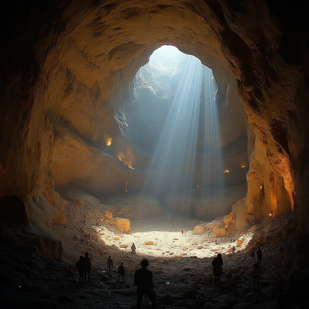 Dramatically lit view of Mammoth Cave's Rainbow Dome showcasing its soaring stone walls, sedimentary rock layers, subtle mist effects due to consistent 54°F temperature, with small human figures indicating the vastness of the structure.