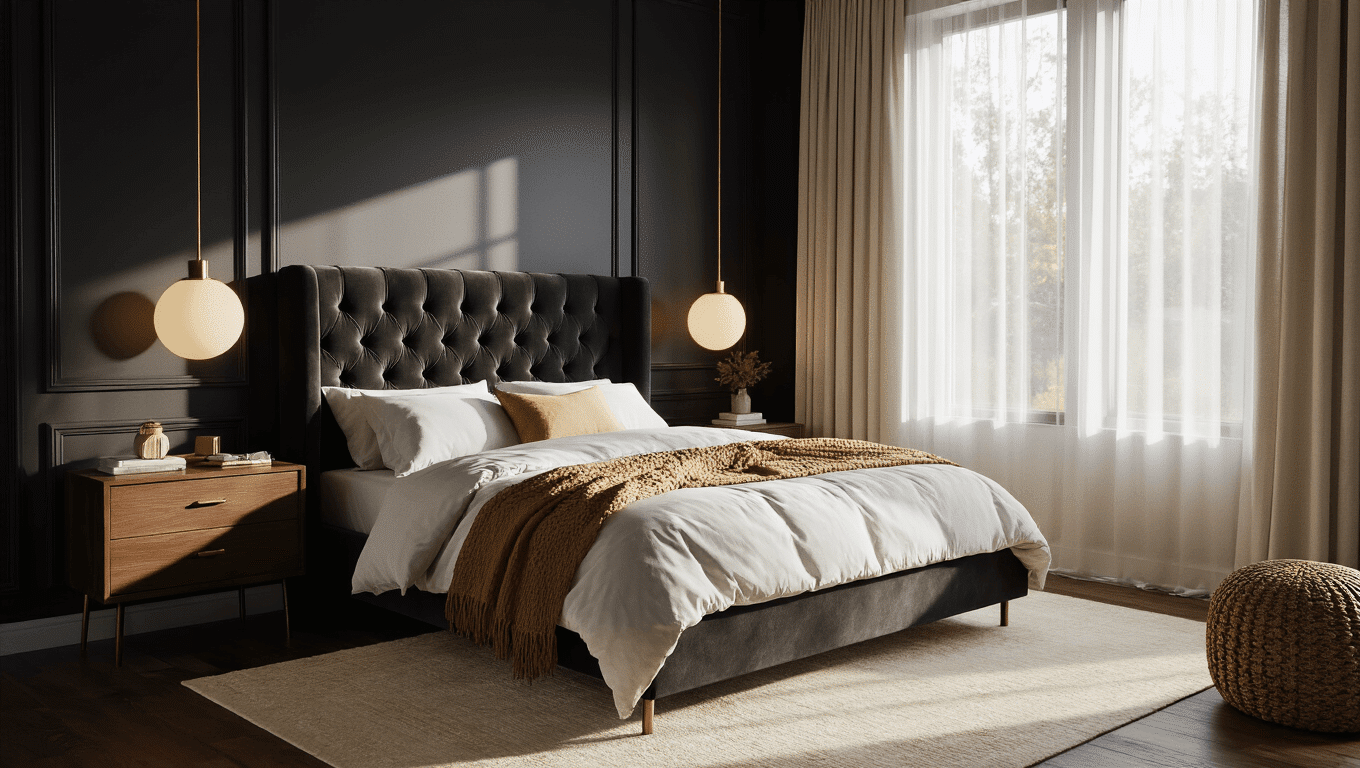 Photorealistic modern black bedroom featuring a tufted velvet headboard, matte charcoal walls, warm sunlight through sheer curtains, polished hardwood floors, brass accents, and cozy layered bedding, all creating a luxurious sanctuary ambiance.
