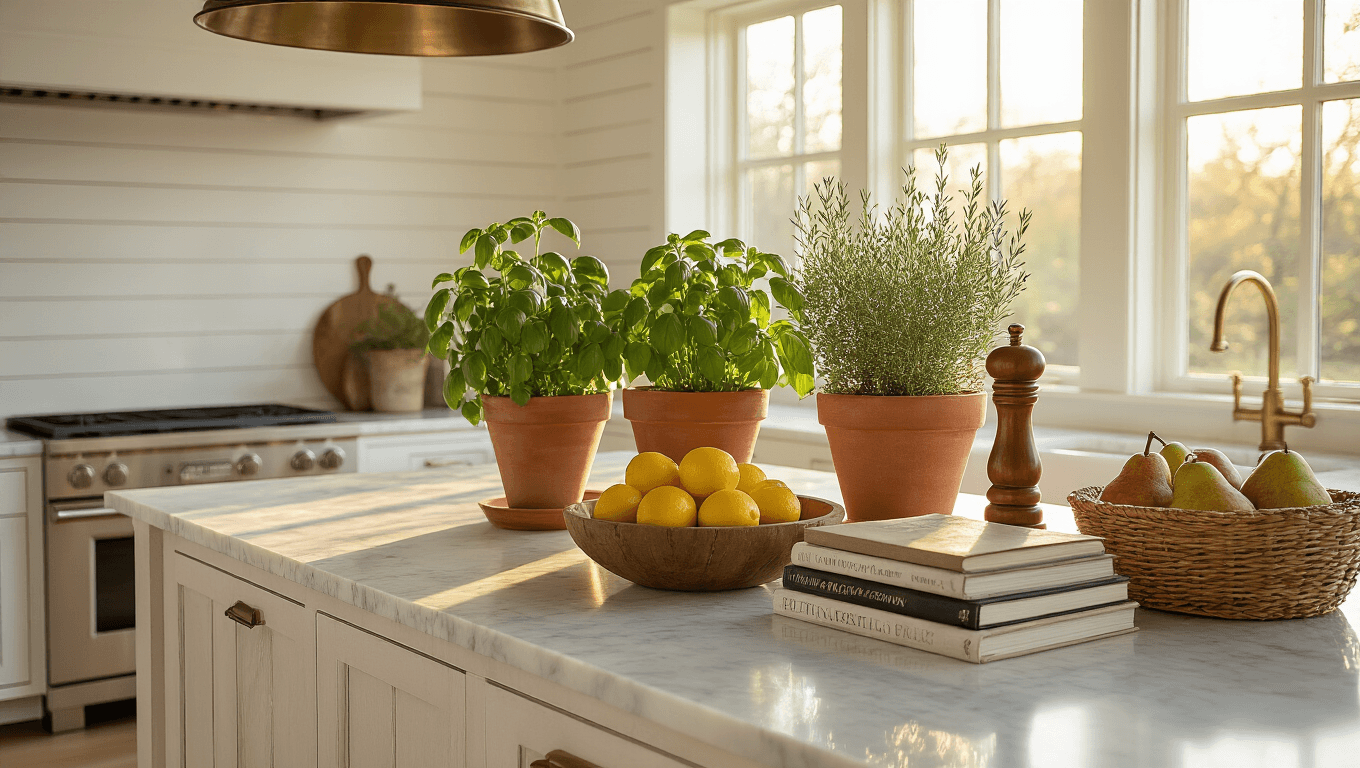 Cinematic wide shot of a modern farmhouse kitchen island with a marble top featuring terracotta herb pots, vintage cookbooks, and warm brass lighting, all illuminated by golden hour sunlight.