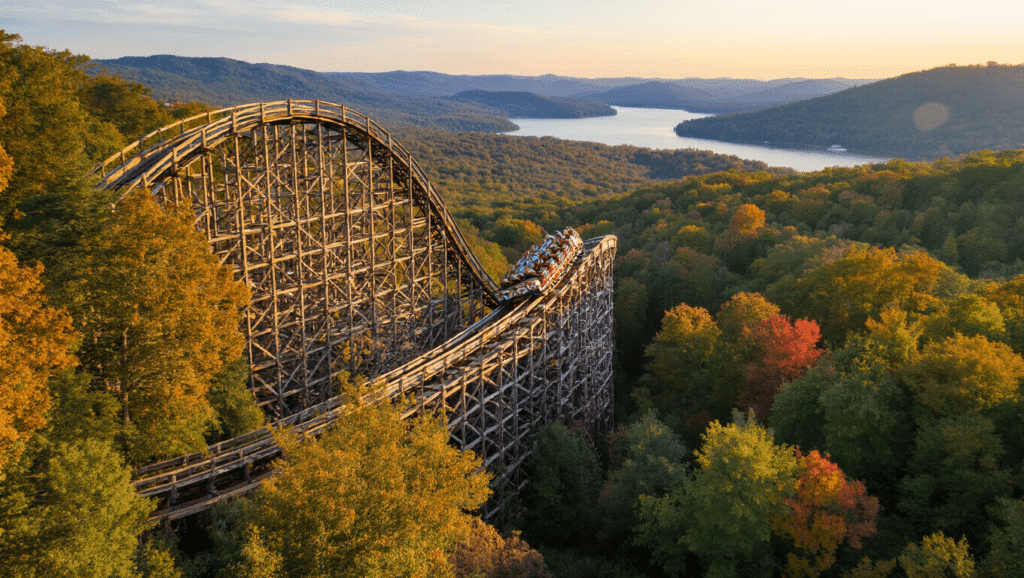 "Aerial view of Outlaw Run wooden roller coaster at Silver Dollar City diving into Ozark Mountains forest, with autumn foliage and Table Rock Lake in the background during golden hour"