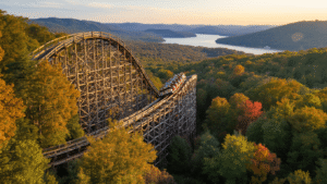 "Aerial view of Outlaw Run wooden roller coaster at Silver Dollar City diving into Ozark Mountains forest, with autumn foliage and Table Rock Lake in the background during golden hour"