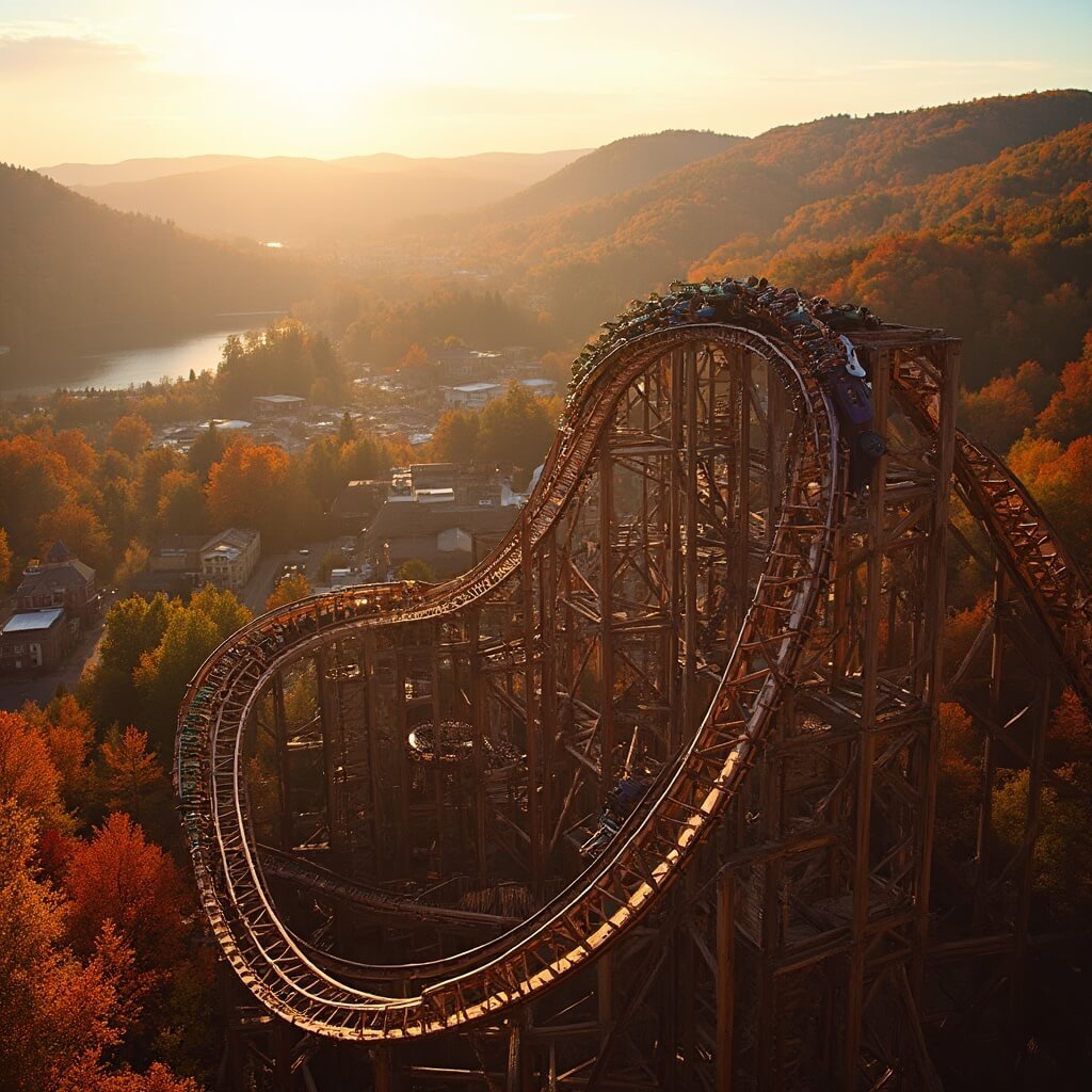 Riders experiencing a thrilling drop on Outlaw Run wooden roller coaster with vibrant autumn foliage at Silver Dollar City, panoramic view of Table Rock Lake and frontier town buildings in the backdrop during golden hour.
