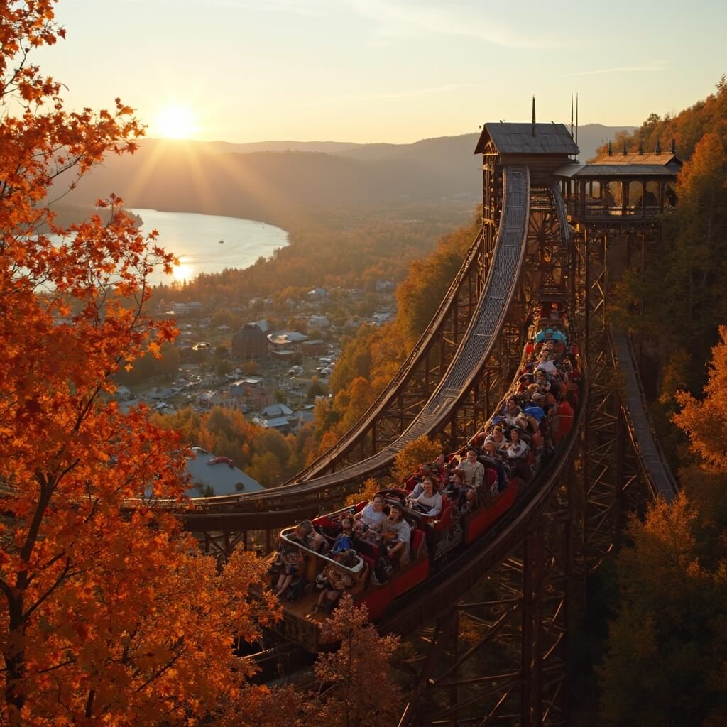 Dramatic view of Outlaw Run wooden roller coaster at Silver Dollar City in autumn, showcasing riders' 81-degree first drop amidst vibrant Ozark foliage, barrel roll elements, with Table Rock Lake and frontier town buildings visible in the backdrop during golden hour.