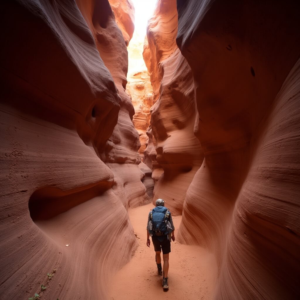 Adventurous hiker scaling a vertical sandstone wall at the entrance of Peek-a-Boo slot canyon in Grand Staircase-Escalante, Utah