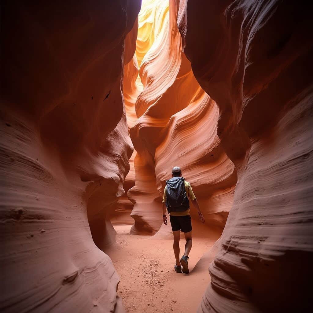Adventurous hiker climbing the vertical entrance of Peek-a-Boo slot canyon in Grand Staircase-Escalante, with morning light illuminating the narrow, intricate red rock formations.