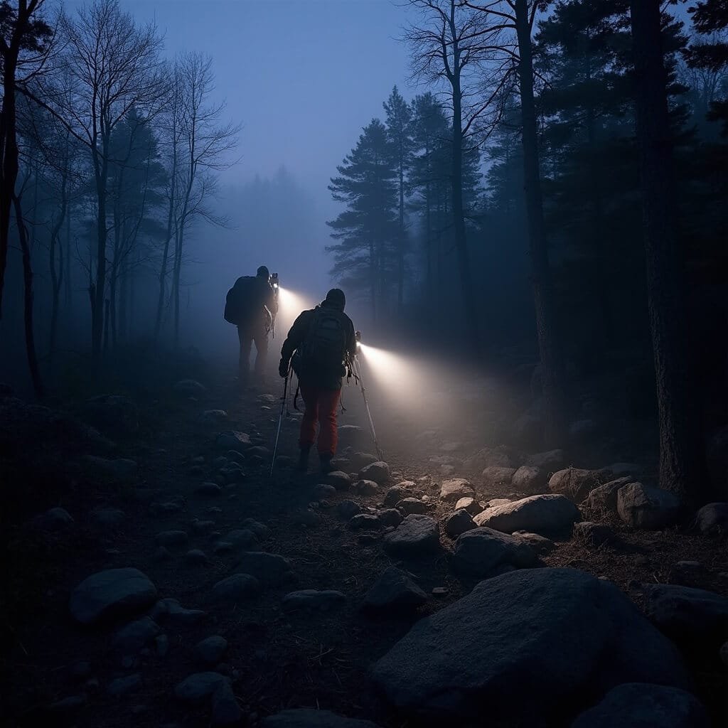 Hikers ascending Cadillac North Ridge Trail in pre-dawn darkness with headlamp beams cutting through misty forest air