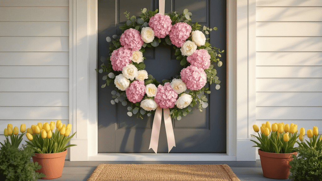 Cinematic front porch at golden hour featuring a charcoal gray door adorned with a large spring wreath of blush pink hydrangeas and white peonies, accented by eucalyptus, with soft sunlight highlighting the textures and colors of the scene.