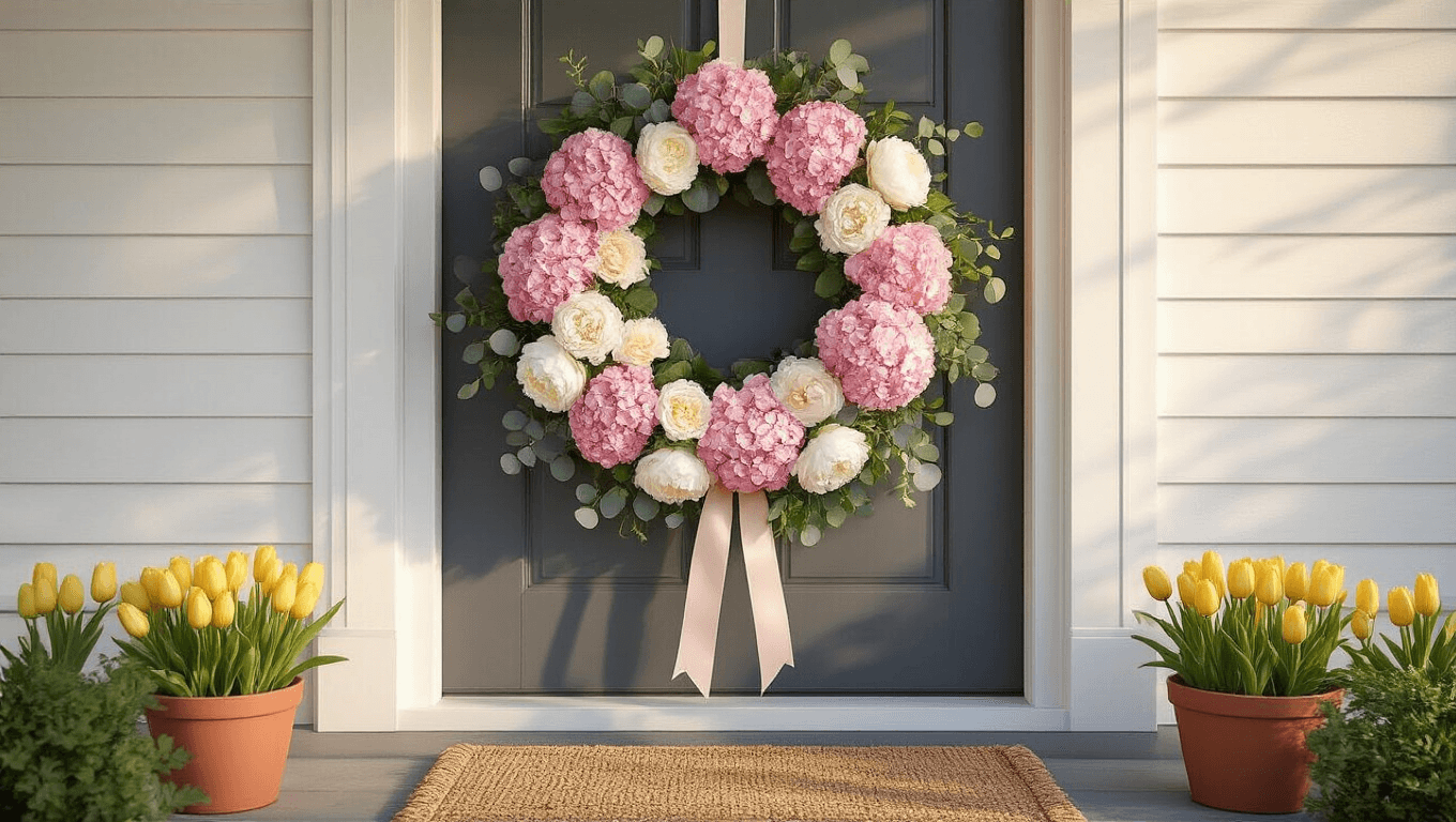 Cinematic front porch at golden hour featuring a charcoal gray door adorned with a large spring wreath of blush pink hydrangeas and white peonies, accented by eucalyptus, with soft sunlight highlighting the textures and colors of the scene.