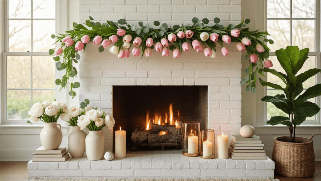 Elegant spring fireplace mantel adorned with cascading tulip garland and eucalyptus on a white-brick backdrop, featuring ceramic vases of white peonies, varying height candles, stacked books, a fiddle-leaf fig in a woven basket, and delicate speckled eggs, all bathed in warm golden hour light.