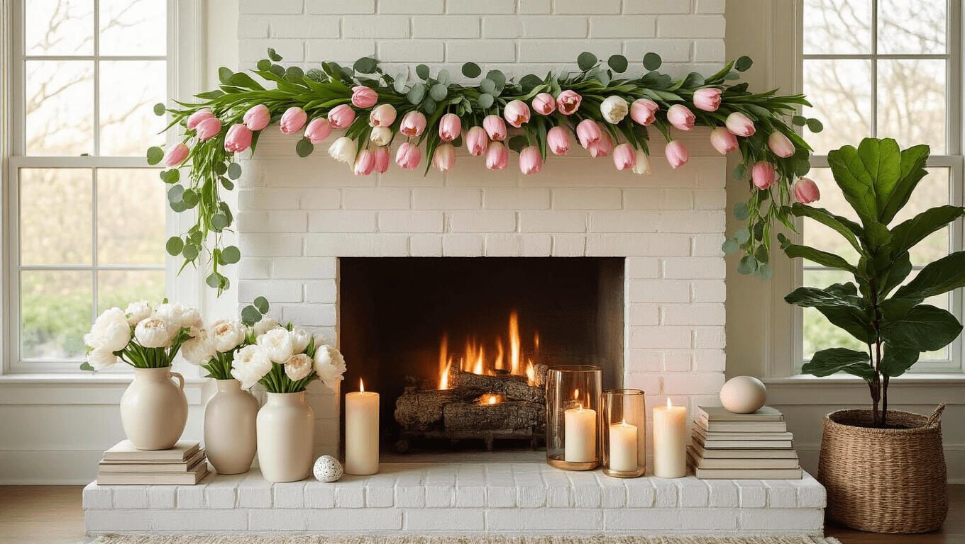 Elegant spring fireplace mantel adorned with cascading tulip garland and eucalyptus on a white-brick backdrop, featuring ceramic vases of white peonies, varying height candles, stacked books, a fiddle-leaf fig in a woven basket, and delicate speckled eggs, all bathed in warm golden hour light.