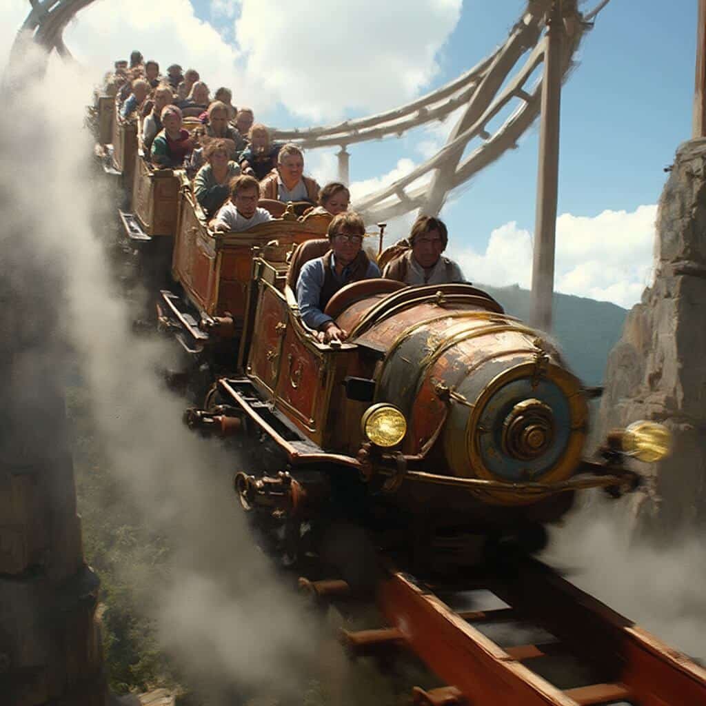 Riders on Time Traveler spinning coaster at Silver Dollar City with steampunk-theming, vertical drops, inversions, motion blur effects, and Ozark mountain backdrop.