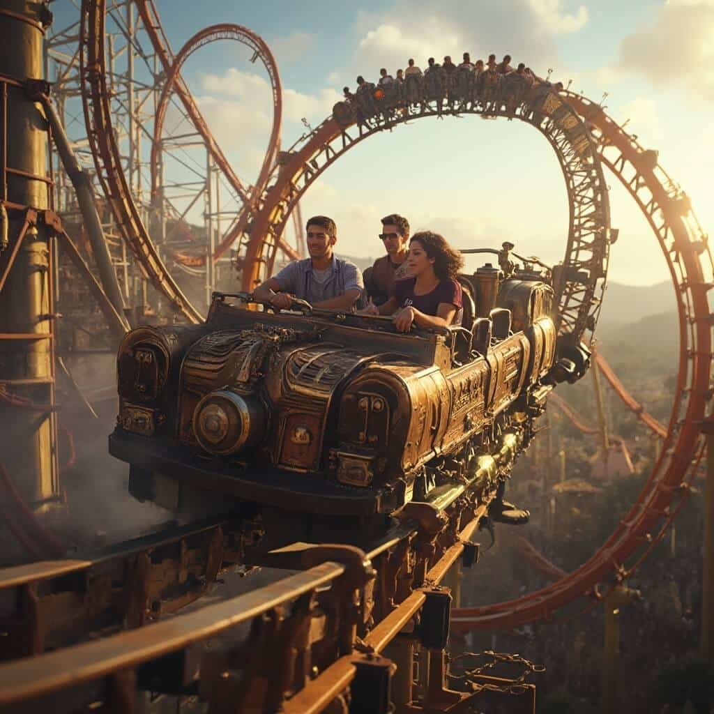 Thrilling action shot of Time Traveler coaster at Silver Dollar City with riders on steampunk-themed vehicles experiencing loops and spins against Ozark mountain backdrop