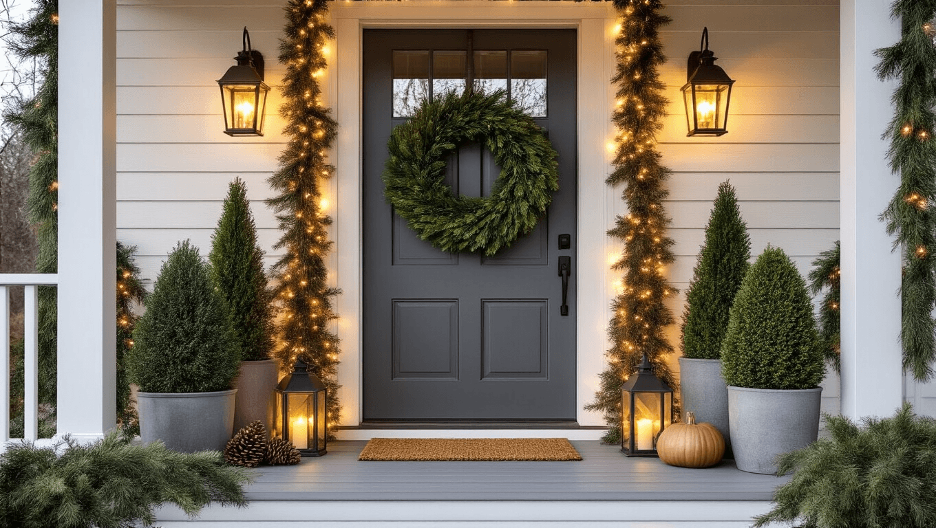 A cozy winter front porch featuring a charcoal gray door with a large evergreen wreath, mismatched planters with Italian cypress and boxwood topiary, warm lanterns illuminating cream porch boards, and layered evergreen garland with string lights along the railings, set against a soft overcast backdrop.