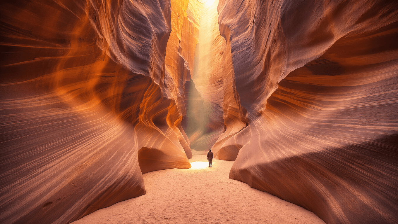 "Dramatic view of Zebra Slot Canyon with towering sandstone walls in red and orange stripes, a narrow passage, golden sunlight creating shadows and light beams, carved footholds visible on the rock surface, and a small human figure included for scale."