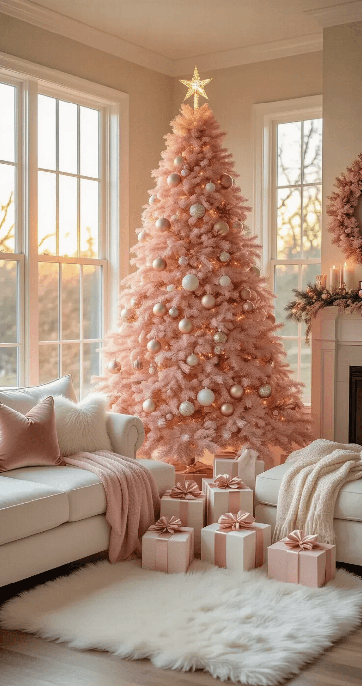 A luxurious living room corner featuring a 6.5-foot pink Christmas tree adorned with blush, dusty rose, and champagne ornaments, surrounded by meticulously wrapped gift boxes and a cream sectional couch with coordinating décor, all bathed in warm natural light during golden hour.