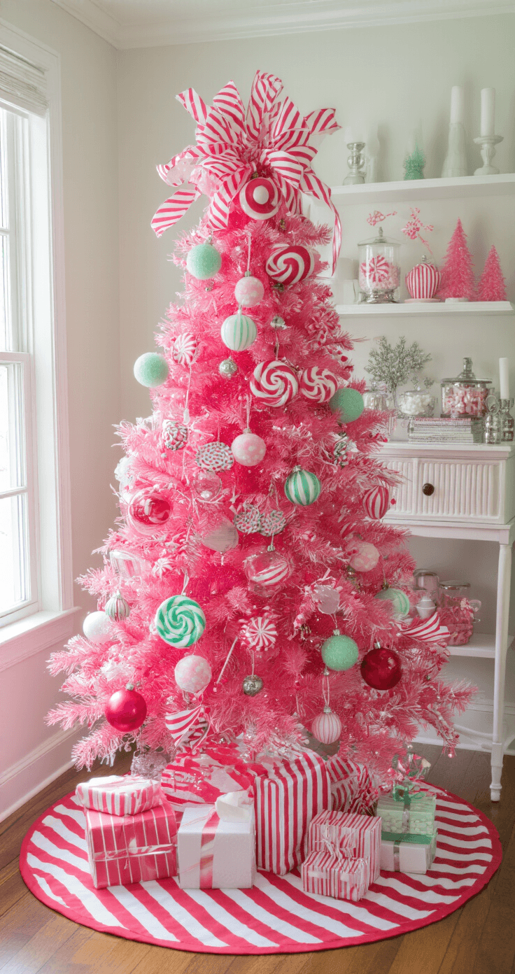 A whimsical pink Christmas tree adorned with bubblegum pink, hot pink, and candy red ornaments, featuring lollipops and peppermint candies, in a bright family room bathed in afternoon natural light. The scene includes mint green and white accents, playful pink and white striped ribbons, and a candy-themed wrapped present display on a red and white striped tree skirt. Surrounding decor features a white console table with pink ornaments, white candles in metallic holders, and small pink trees, all set on a white shag rug. The composition captures the vibrant color palette from a child's eye level, emphasizing the fun and magic of the holiday season.