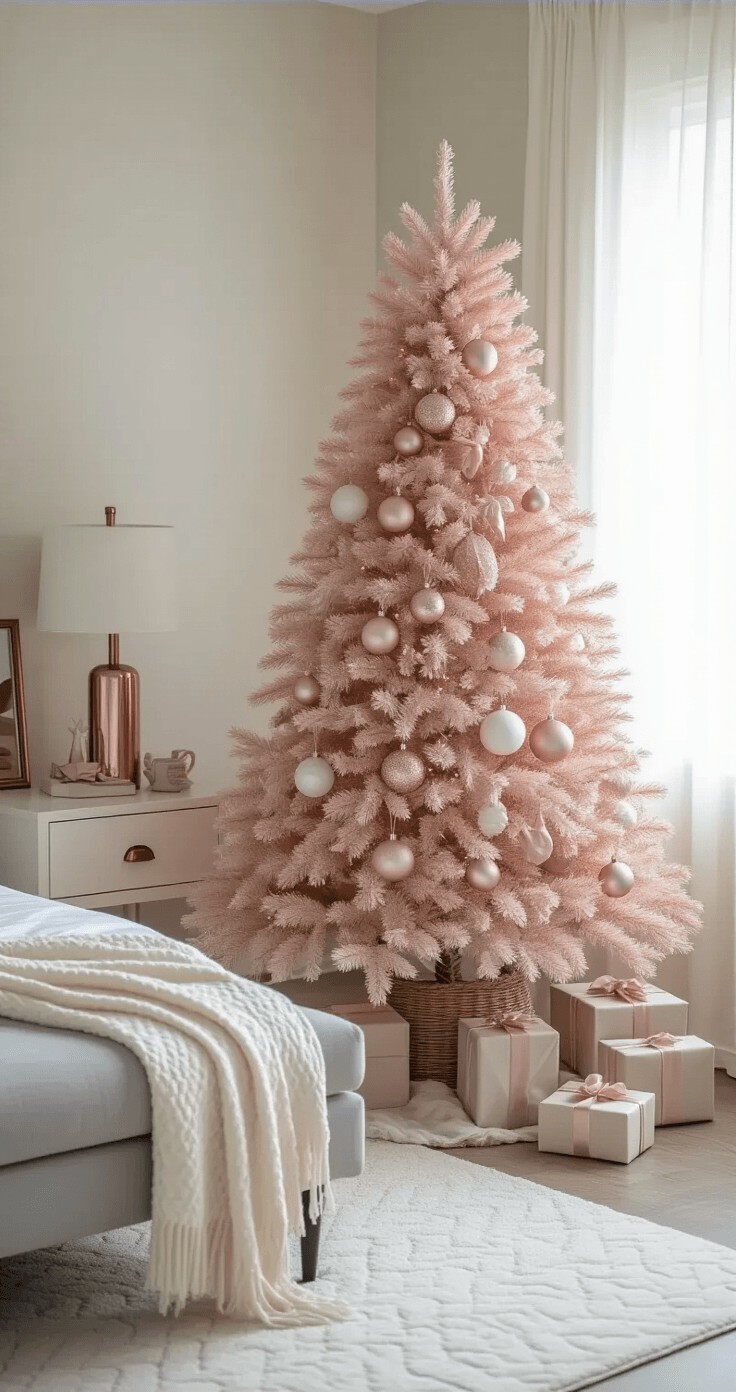 An elegant master bedroom corner featuring a 5-foot blush pink Christmas tree adorned with dusty rose, champagne, and white ornaments, soft velvet ribbons, and placed in a modern woven basket collar on a white quilted rug, accompanied by a grey upholstered bench with wrapped neutral-toned presents. A white nightstand with a rose gold lamp and a small mirror reflecting tree lights completes the serene, romantic atmosphere enhanced by warm morning light and sheer curtains.