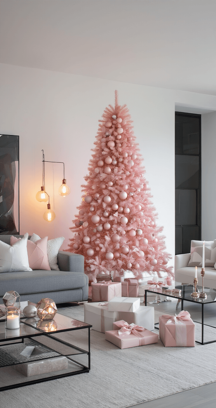 A contemporary open-plan living space featuring a modern minimalist pink Christmas tree adorned with monochromatic pink ornaments, surrounded by sleek furniture and warm lighting, creating an elegant holiday ambiance.