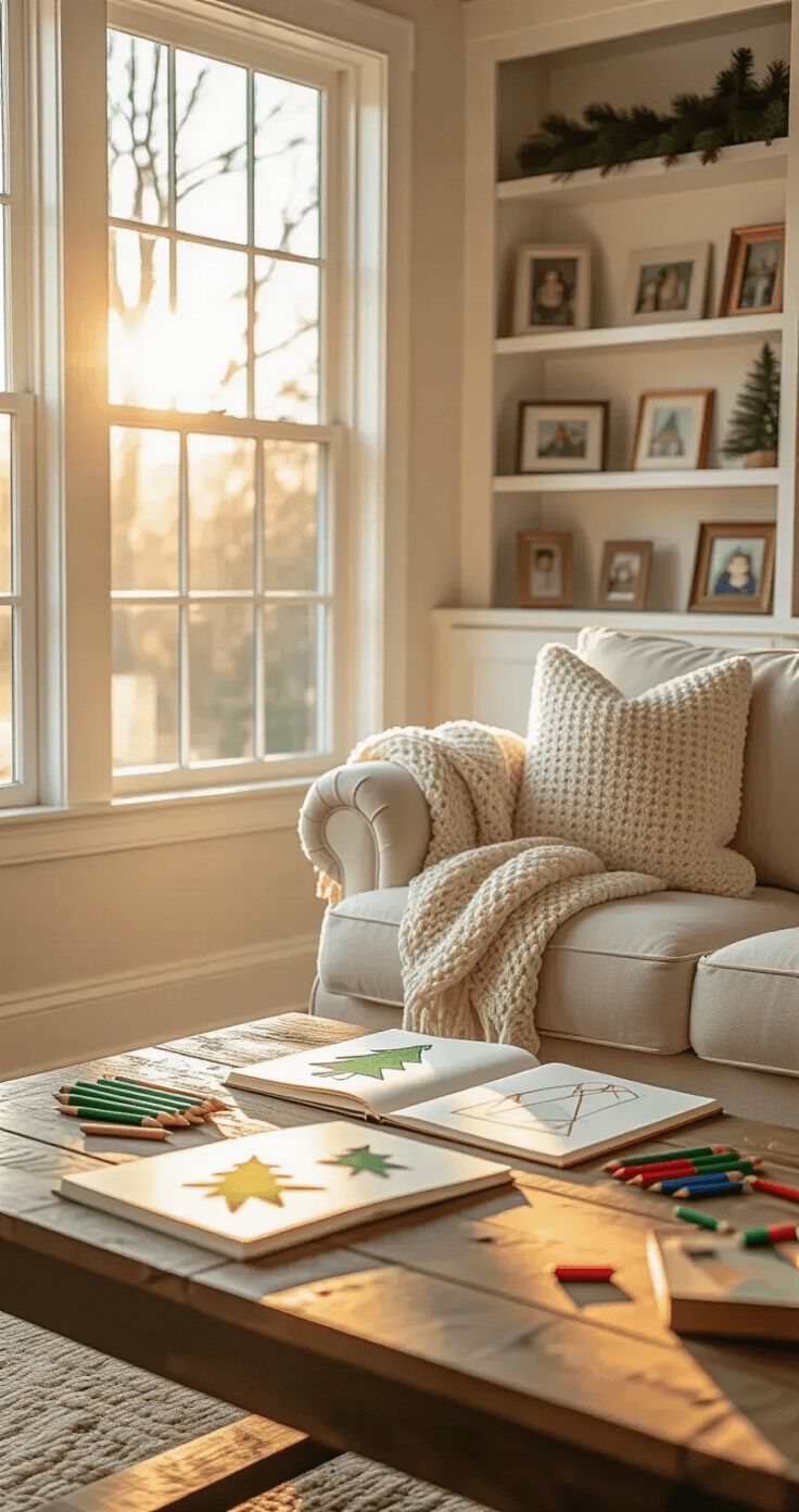 A cozy living room corner bathed in golden hour light, featuring a rustic wooden coffee table with scattered children's art supplies, an armchair draped with a chunky knit throw, and built-in white bookshelves filled with family photos and holiday decorations.