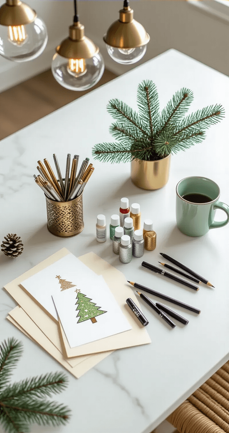 A top-down view of a bright kitchen island workspace featuring a white marble countertop, an organized art station with metallic gel pens in a brass holder, scattered glitter glue tubes, fine-tip pens, handmade holiday cards with triangle Christmas tree drawings, cream cardstock, a steaming sage green mug, and a small potted pine branch, all illuminated by pendant lights with brass fixtures.