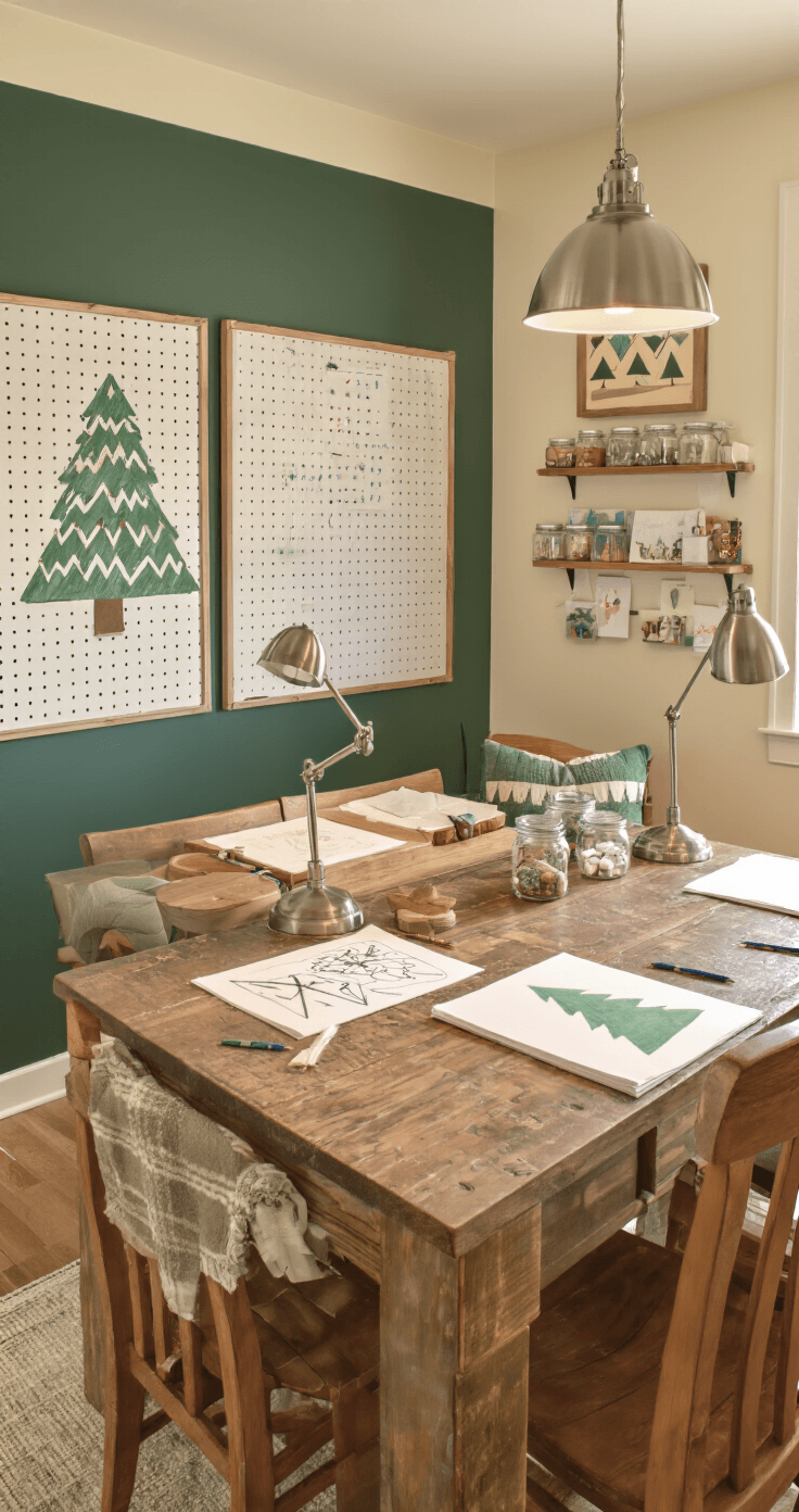 An intimate craft room featuring a large farmhouse table with various drawing projects, surrounded by wooden chairs with sage green cushions, warm lighting, and walls displaying children's artwork and art supplies.