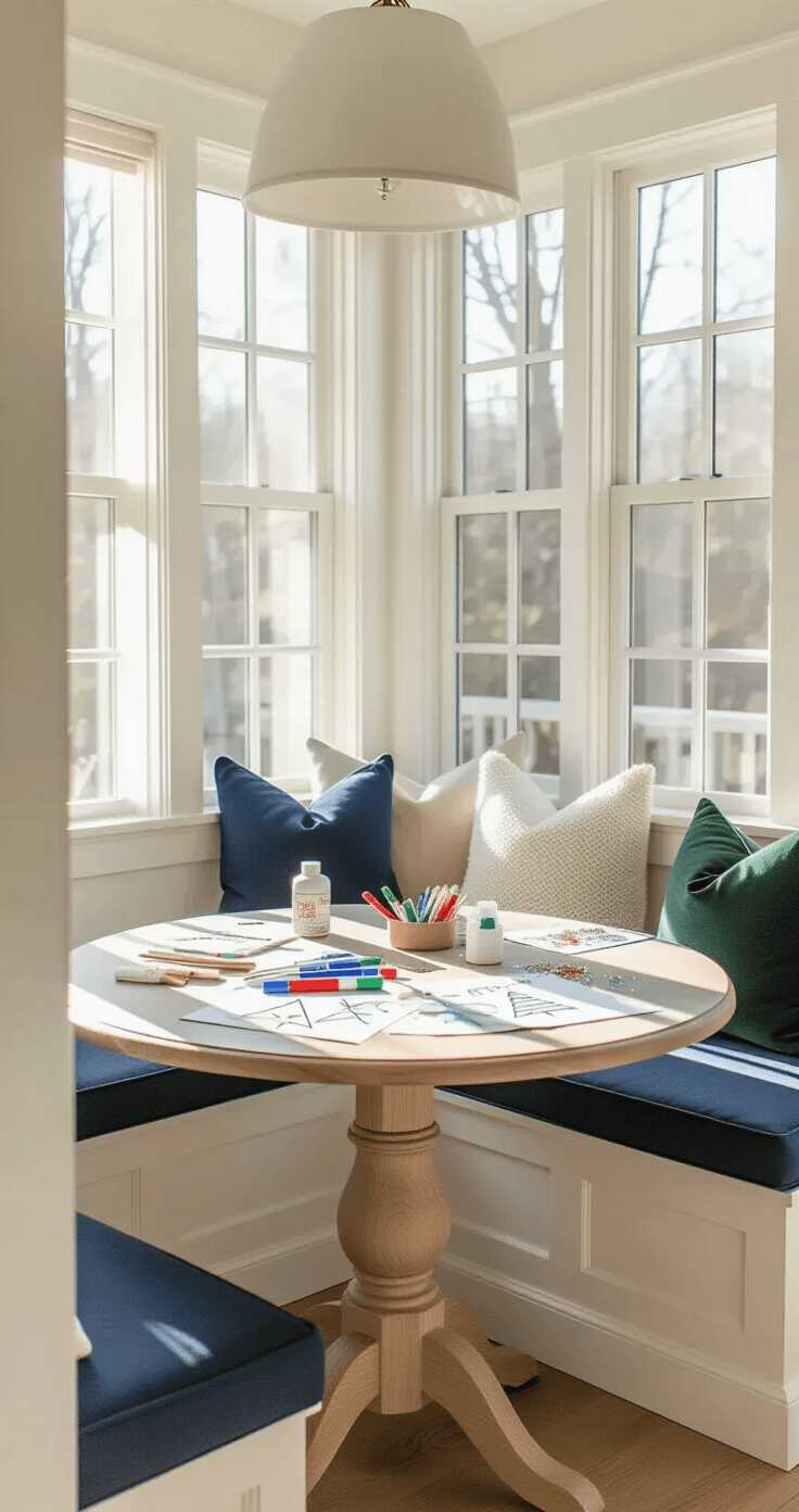 A sunlit breakfast nook with a round white oak table cluttered with art supplies for card making, including markers, Christmas tree drawings on kraft paper, and glitter glue. A built-in bench with navy blue cushions complements the scene, framed by large windows and sheer linen curtains, evoking a warm family atmosphere.