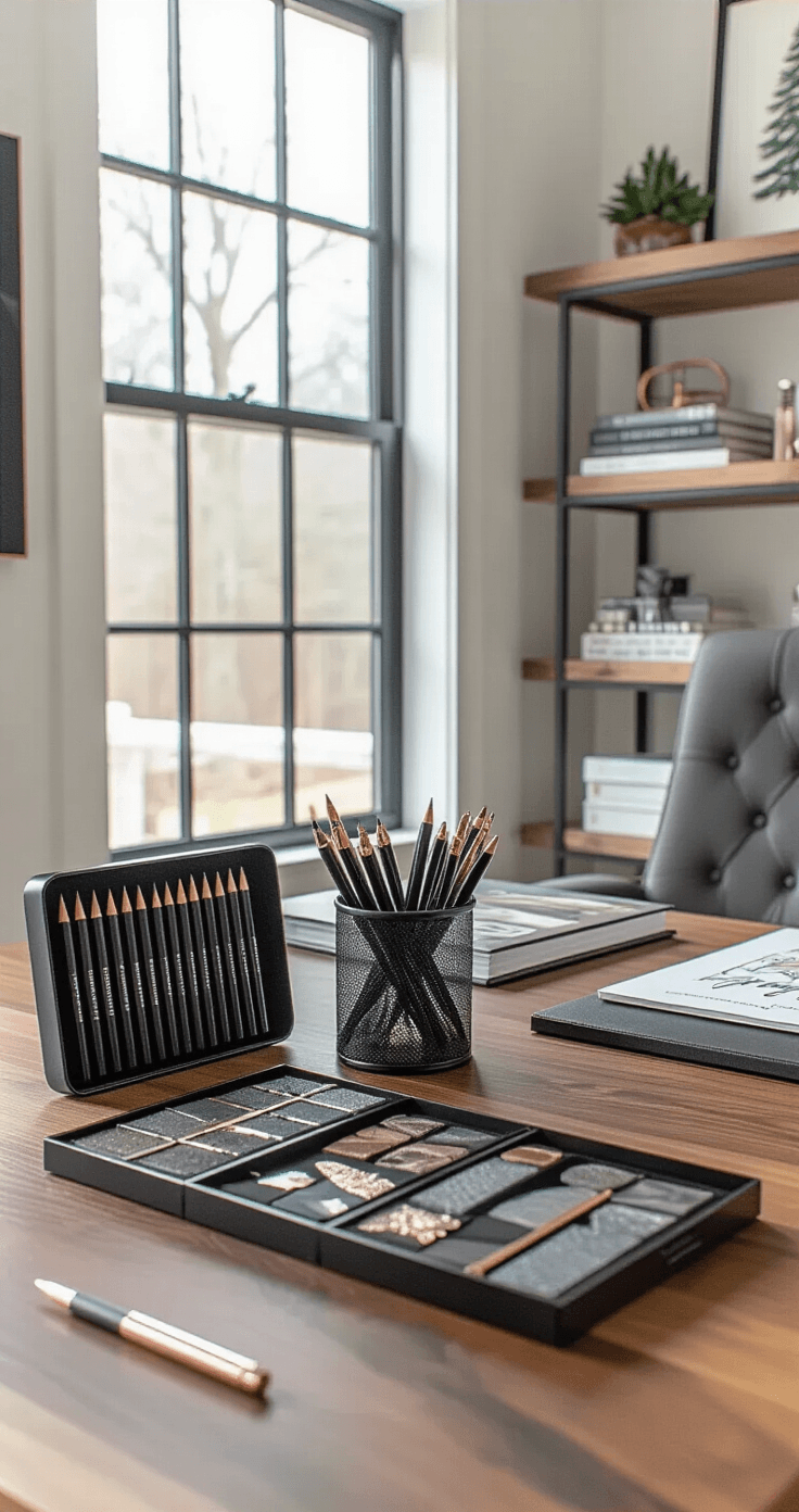 A sophisticated home office corner with a live-edge walnut desk, featuring fine-tip drawing pens, sketches of Christmas tree drawing techniques, a charcoal gray task chair, industrial-style shelving with art books, and metallic gel pens in rose gold and silver, all illuminated by natural light from a large window, against warm white walls and a gallery wall of holiday artwork.