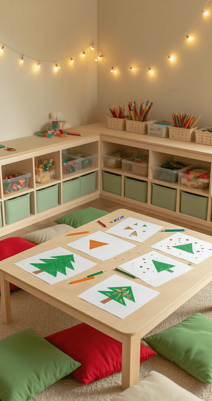 A cozy children's playroom during golden hour, featuring a low birch table surrounded by vibrant floor cushions. The tabletop is scattered with green colored pencils, crayon-drawn triangle trees, and glitter glue on white paper. Sage green storage cubbies with clear bins line the walls, and warm LED string lights add to the inviting atmosphere. The image captures the scene from a child's perspective, highlighting creativity and playfulness.