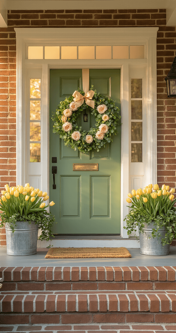 A sunlit Colonial-style front porch featuring a sage green door with a grapevine wreath adorned with eucalyptus, boxwood, blush ranunculus, and cream peonies, accompanied by a satin ribbon bow, weathered brick steps, and galvanized metal planters with yellow tulips and trailing ivy, all captured in warm, diffused lighting.