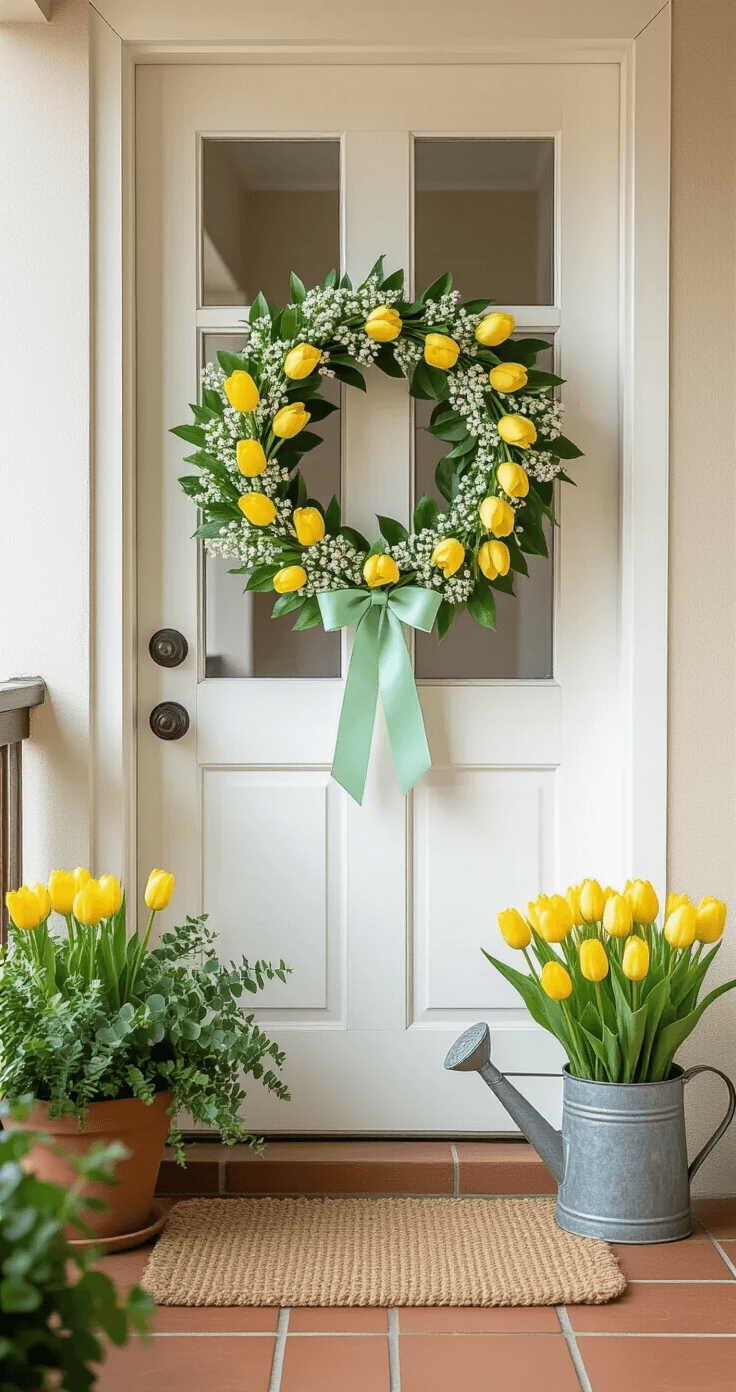 A cozy apartment balcony entrance featuring a compact 14-inch spring wreath with yellow tulips and white viburnum on a white door, complemented by a vintage galvanized watering can filled with matching flowers, set on terracotta tiles with a jute doormat, all bathed in soft morning light.