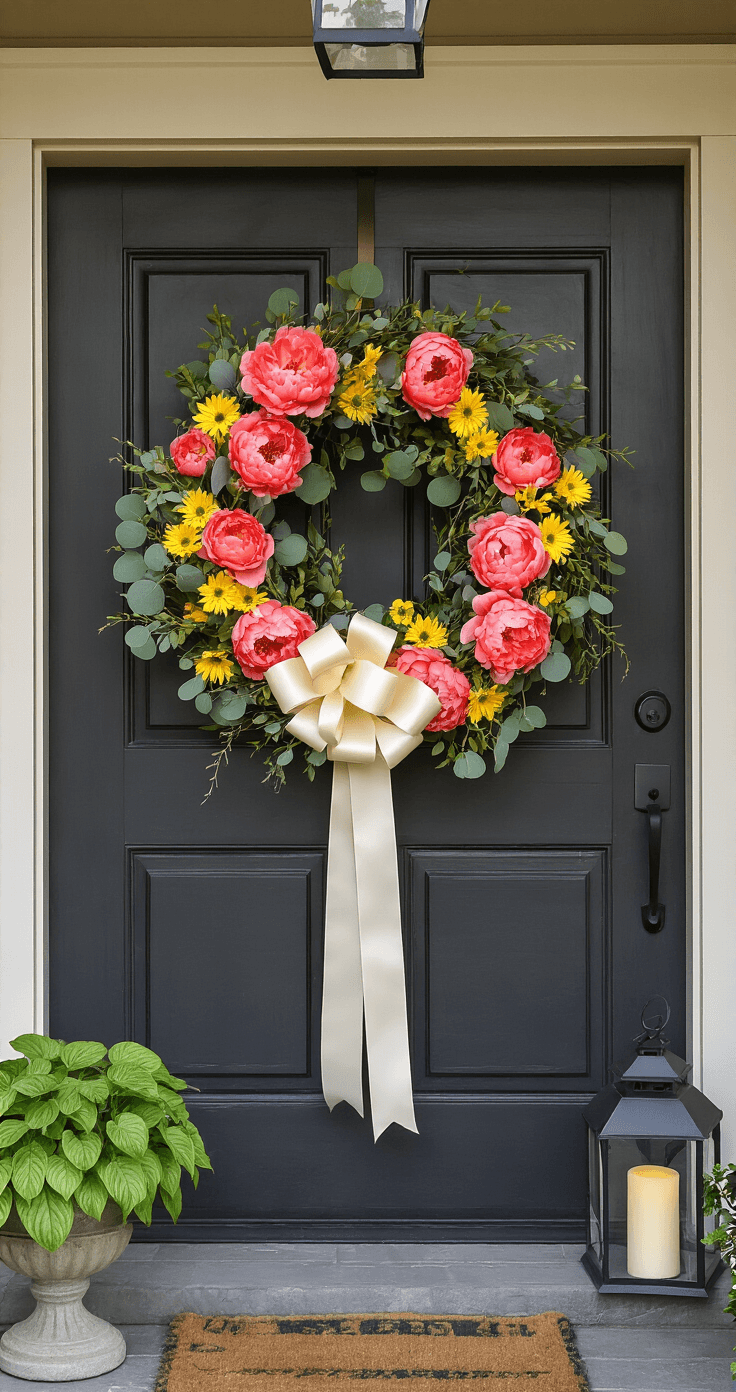 An elegant craftsman-style home entryway featuring a deep charcoal door adorned with an asymmetrical spring wreath of coral-pink peonies and yellow daisies, flanked by black metal lanterns and stone planters with hostas and impatiens, all under soft afternoon overcast lighting.