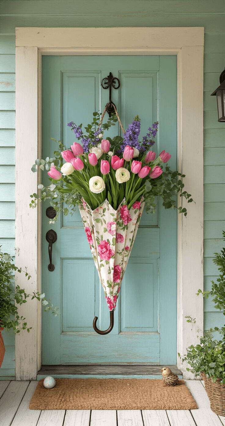 A whimsical cottage-style front door featuring an inverted vintage floral umbrella filled with spring flowers, hanging from a wrought iron hook on a robin's egg blue weathered door, with decorative speckled eggs and a bird's nest. The scene includes a cream-painted distressed porch floor and a coordinating pastel braided rug, all captured in soft lighting to highlight the playful charm.